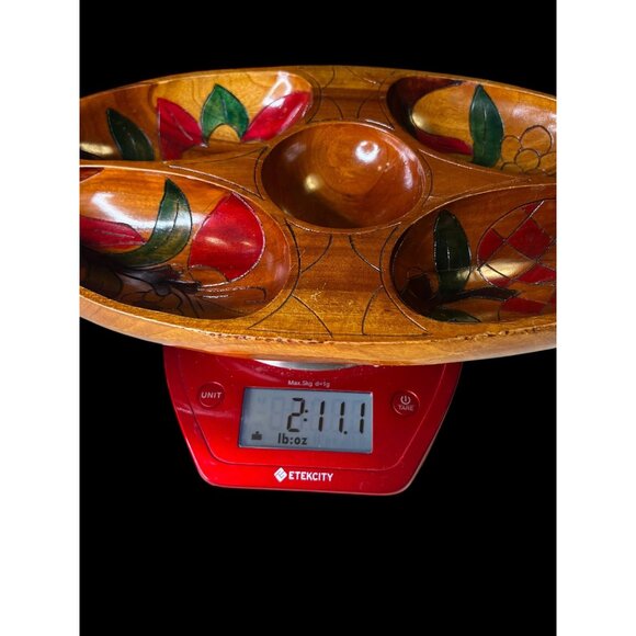 VTG MCM Hand-Carved Exotic Wood Divided Serving Bowl W/ Hand-Painted Floral Desi - Picture 10 of 13